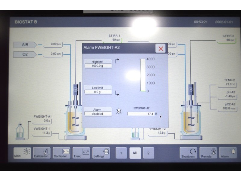 Sartorius Stedim Biostat B Dual Control Bioreactor for Microbial Cultures with 2 Liter Jacketed Autoclavable Vessels