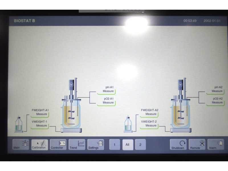 Sartorius Stedim Biostat B Dual Control Bioreactor for Microbial Cultures with 2 Liter Jacketed Autoclavable Vessels