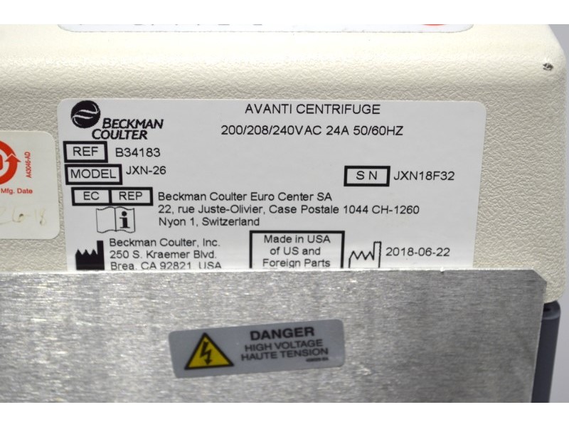 Beckman Avanti JXN-26 Refrigerated Centrifuge -10...40DegC w/ JLA-10.500 Rotor