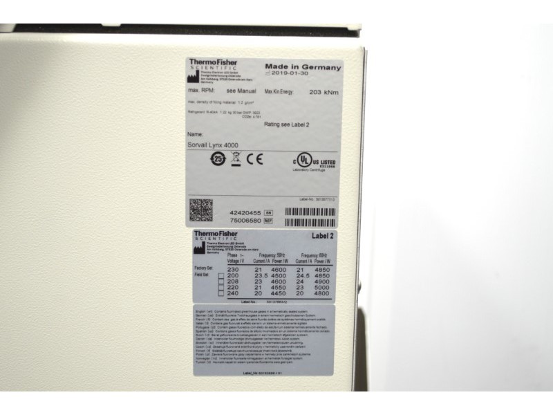 Thermo Scientific Sorvall LYNX 4000 Superspeed Centrifuge -10...40DegC w/ Fiberlite F14-14x50cy Rotor