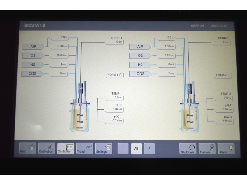 Sartorius Stedim Biostat B Twin Bioreactor for Cell Cultures with 2 Liter Jacketed Autoclavable Reactor Vessels