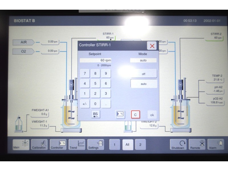 Sartorius Biostat B Dual Control Bioreactor for Microbial Cultures with 2 Liter Jacketed Autoclavable Vessels