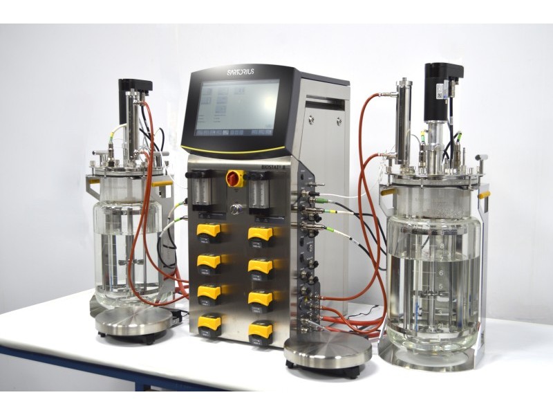 Sartorius Biostat B Twin Bioreactor for Microbial Cultures with 10 Liter Jacketed Autoclavable Vessels and Scales